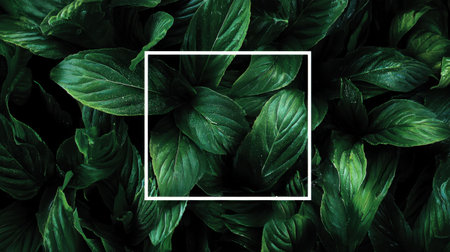 A captivating arrangement of lush green leaves framed by a minimalistic white square on a dark background. Ideal for themes of nature, growth, and tranquility.の素材
