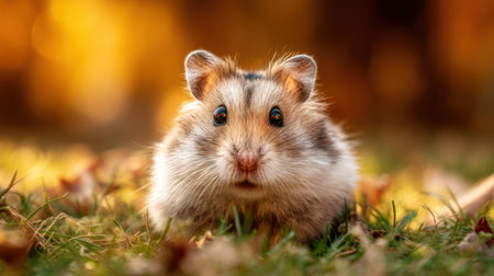 A charming close-up image of a curious hamster sitting on grass, surrounded by soft golden light and autumn leaves, evoking warmth and tranquility.の素材