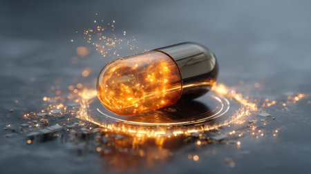 A stunning close-up of a shiny capsule with glowing particles and sparks, set against a dark surface, capturing energy and health symbolism.の素材
