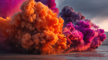 A stunning visual of vibrant orange and purple smoke clouds creating a dramatic explosion above a wet beach landscape at sunset.の素材
