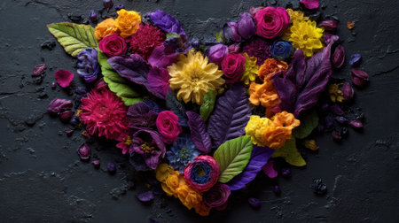 A stunning heart-shaped arrangement of vibrant flowers and lush leaves showcases rich colors on a dark background, perfect for various occasions.の素材