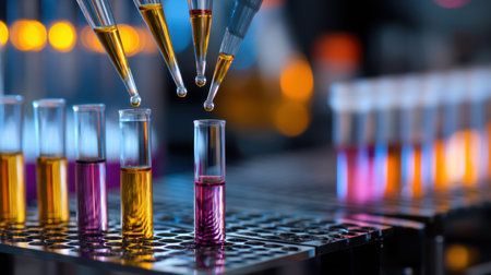 A close-up view of laboratory pipettes transferring vibrant liquids into glass test tubes, showcasing precision in scientific research and experimentation.の素材