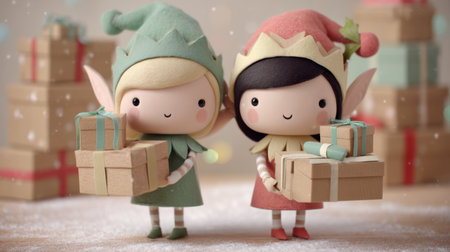 Two cute cartoon elves joyfully carry presents in a festive winter setting, surrounded by gift boxes, creating a cheerful holiday spirit.の素材