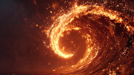 A stunning visual of a fiery lava wave displaying dynamic motion, illuminated by sparks and flames against a dark backdrop, capturing intense energy.の素材