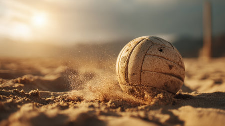 A beach volleyball lies on a sandy surface, kicked up dust surrounding it as sunlight creates a warm, inviting atmosphere. The scene captures the essence of outdoor sports and the joy of summer fun.の素材