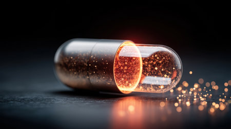 This captivating image showcases a glowing capsule filled with sparkling particles, symbolizing health, innovation, and scientific advancement.の素材