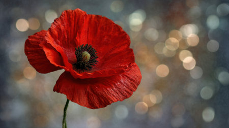 A stunning red poppy flower stands elegantly against a blurred background, featuring soft bokeh effects that enhance its beauty and detail.の素材