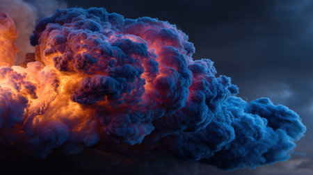 Captivating image of a dramatic explosion cloud with fiery orange and deep blue colors creating a stunning visual contrast against a dark sky.の素材
