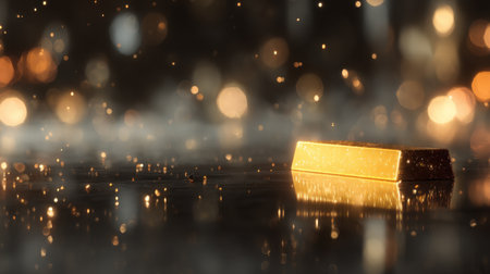 A luxurious golden bar rests on a reflective surface, illuminated by soft glowing particles and dreamy bokeh lights, creating a captivating atmosphere.の素材