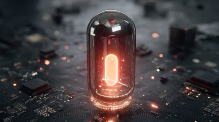 A striking visualization of a glowing capsule situated on a detailed microchip circuit board, symbolizing the intersection of technology and innovation.の素材