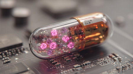 This image showcases a futuristic medicine capsule resting on a high-tech circuit board, featuring vibrant colored elements that represent innovation and scientific advancement.の素材
