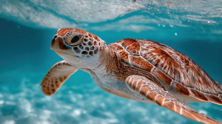 A stunning image of a sea turtle swimming gracefully underwater, showcasing the vibrant colors of its shell and the clear ocean water, capturing the essence of marine life.の素材