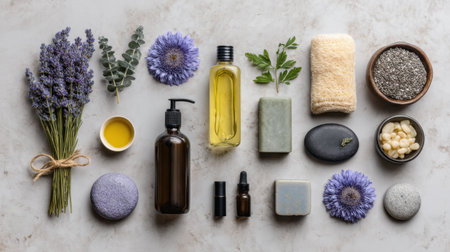 A serene arrangement featuring natural wellness products like lavender, essential oils, soaps, and herbal ingredients, promoting relaxation and self-care.の素材