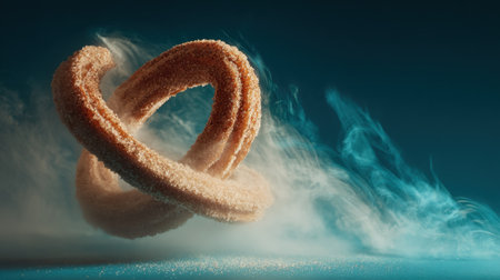This captivating image features an abstract dessert swirling gracefully, coated in sugar, with ethereal smoke enhancing the dynamic motion and artistry.の素材