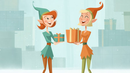 Two cheerful elves exchange colorful gifts in a whimsical winter setting, radiating joy and the spirit of holiday celebrations.の素材