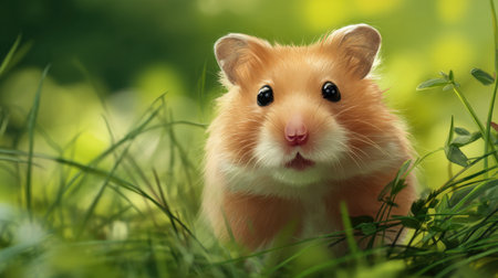 This charming image features a golden hamster curiously peeking through lush green grass in a serene meadow, embodying innocence and playfulness.の素材