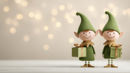 Charming holiday elves holding gifts bring festive cheer and joy, ideal for creating a warm atmosphere during the holiday season.の素材
