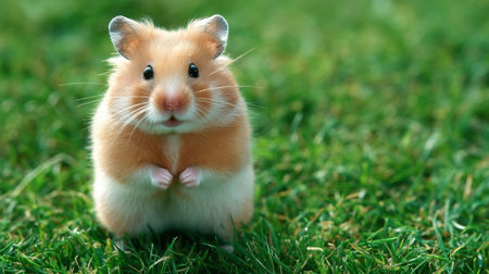 A cute hamster stands on the green grass, showcasing its curious and gentle expression, perfect for animal lovers and pet lovers alike.の素材
