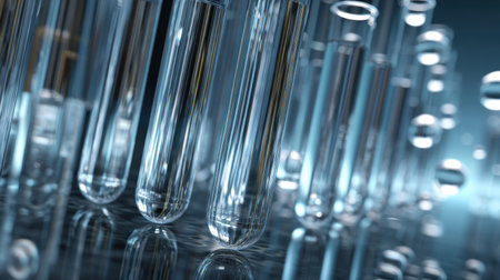A collection of clear glass test tubes standing upright on a reflective surface, filled with liquid in a soft blue laboratory background.の素材