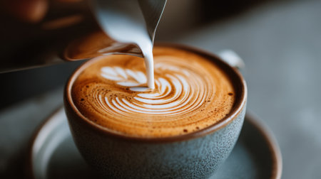 Experience the artistry of a barista as they pour steamed milk into a cup of espresso, creating stunning latte art in a cozy cafe setting.の素材