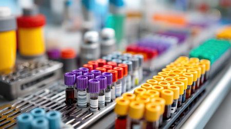 A vibrant assortment of laboratory vials and test tubes neatly organized on a lab bench, showcasing essential tools for scientific research and testing.の素材