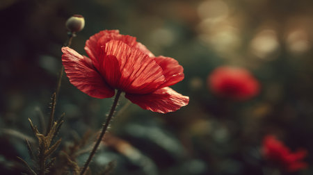 A stunning red poppy flower stands tall in a lush green field, bathed in soft natural light, offering a serene and romantic atmosphere.の素材