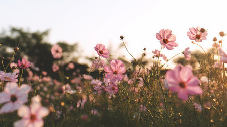A picturesque view of a meadow filled with delicate pink flowers gently swaying in the breeze, illuminated by soft evening sunlight, creating a tranquil atmosphere.の素材