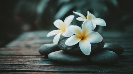 This image features elegant white flowers delicately placed on smooth black stones, evoking a sense of peace and tranquility in a serene environment.の素材