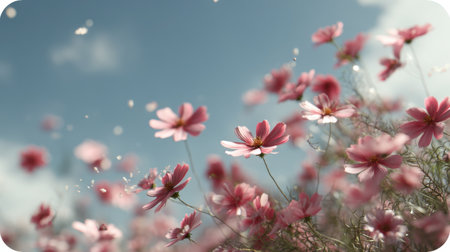 A stunning array of vibrant pink cosmos flowers dances gently in the breeze under a clear blue sky, evoking feelings of joy and tranquility.の素材
