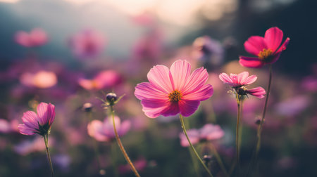 Experience the beauty of delicate pink flowers in full bloom against a soft sunset backdrop, capturing the essence of nature's serenity and vibrancy.の素材