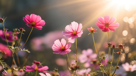 A stunning display of pink cosmos flowers thrives in a garden, bathed in warm sunrise light, creating a serene and vibrant atmosphere.の素材