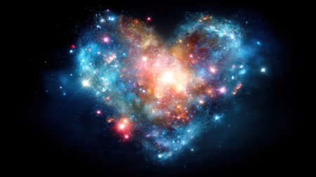 A stunning representation of a heart shape formed by vibrant galaxies and nebulae, showcasing the beauty of the universe in deep space, evoking emotions of love and wonder.の素材