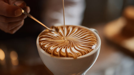 A close-up image showcasing the intricate spiraling design of coffee art created by a barista, emphasizing skill and creativity in beverage preparation.の素材