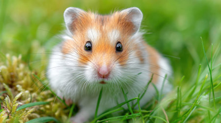 This charming close-up image captures an adorable hamster sitting in lush green grass, showcasing its cute features and expressive eyes.の素材