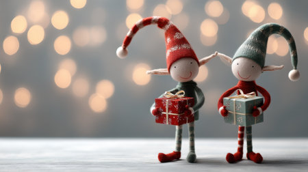 Two charming holiday elves hold colorful gifts, radiating joy in a festive atmosphere. The soothing bokeh background enhances the magic of Christmas.の素材