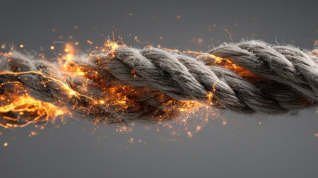 This image showcases a textured rope intertwined with dynamic sparks, representing strength and resilience amidst an energetic gray backdrop.の素材
