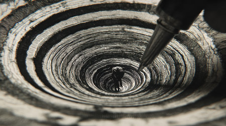 A mesmerizing illustration depicting a deep, spiral well created with pencil strokes, showing a small figure inside that captures feelings of isolation and mystery.の素材