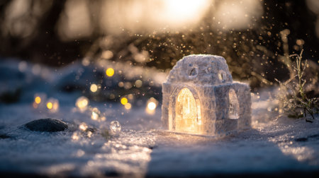 A captivating winter scene features a delicate snowy structure illuminated from within, creating a cozy glow amidst a backdrop of falling snowflakes and twinkling lights.の素材