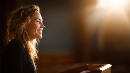 A joyful woman smiles gently in warm indoor light, capturing a serene moment of reflection. Her natural hair frames her face, enhancing the atmosphere of peace and positivity.の素材