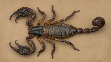 This close-up image showcases a scorpion in exquisite detail, highlighting its complex anatomy and distinctive features on a neutral background.の素材