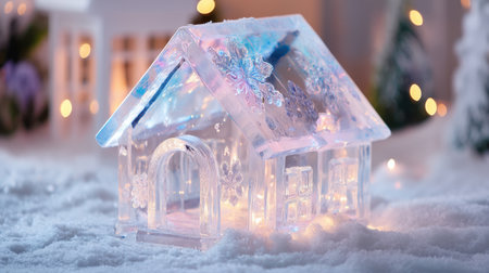 A beautifully crafted frosted house glows with warm lights and rests on soft snow, creating a magical winter setting perfect for holiday celebrations.の素材
