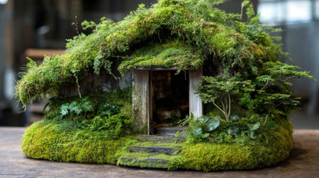 Explore the enchanting beauty of a miniature eco-friendly house adorned with vibrant moss and greenery, set in a serene wooden environment.の素材