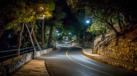 A tranquil nighttime walk along a winding pathway illuminated by street lights and surrounded by lush trees offers a peaceful escape into nature.の素材