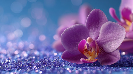 A stunning close-up of a purple orchid flower with intricate petals, set against a sparkling blue background, conveying beauty and tranquility.の素材