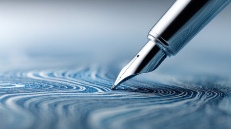 A stunning close-up of a fountain pen poised above decorative blue paper featuring intricate swirl patterns, showcasing elegance and craftsmanship.の素材
