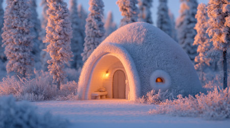 A charming snow cottage nestled among frosty trees at dawn, radiating warmth with soft light, creating a serene winter wonderland.の素材