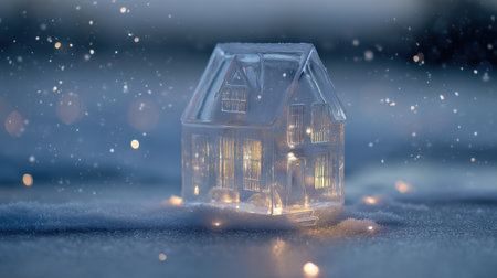 A stunning, illuminated house model sits gracefully on a snowy surface, showcasing a magical winter landscape filled with soft snowflakes.の素材