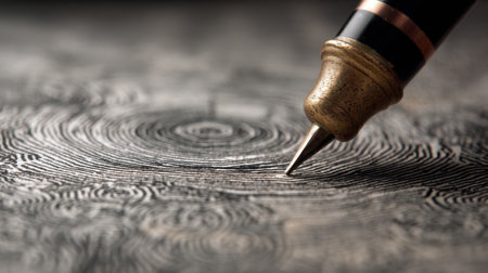 Discover the beauty of an elegant pen poised above an intricate wood grain surface, showcasing exquisite circular patterns and artistic detail.の素材