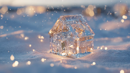 A stunning glass house ornament sparkles in a snowy landscape, illuminated by warm lights, creating a magical winter atmosphere perfect for holiday themes.の素材