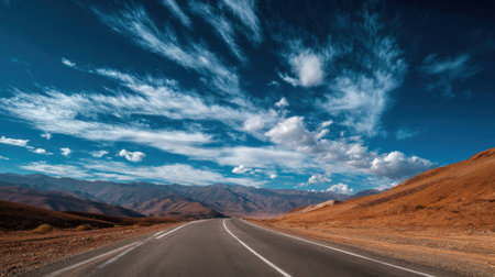 A stunning desert road stretches into the horizon, bordered by mountains and adorned with a dramatic sky filled with soft clouds, perfect for travel enthusiasts.の素材
